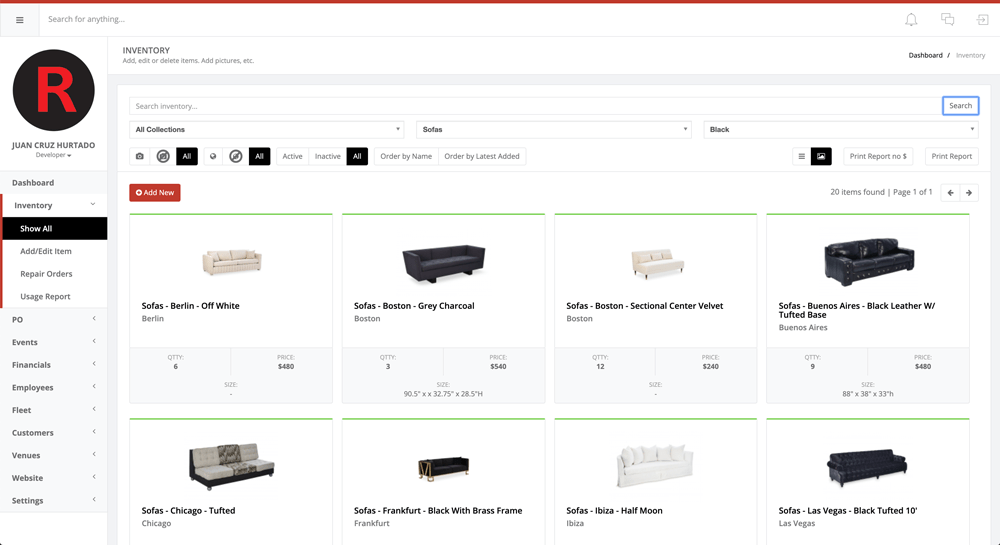 Inventory management screen